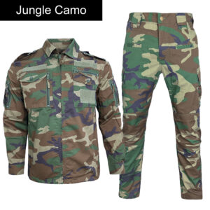 Full set view of the custom 728 woodland camo tactical uniform, featuring a long sleeve BDU shirt and matching pants.