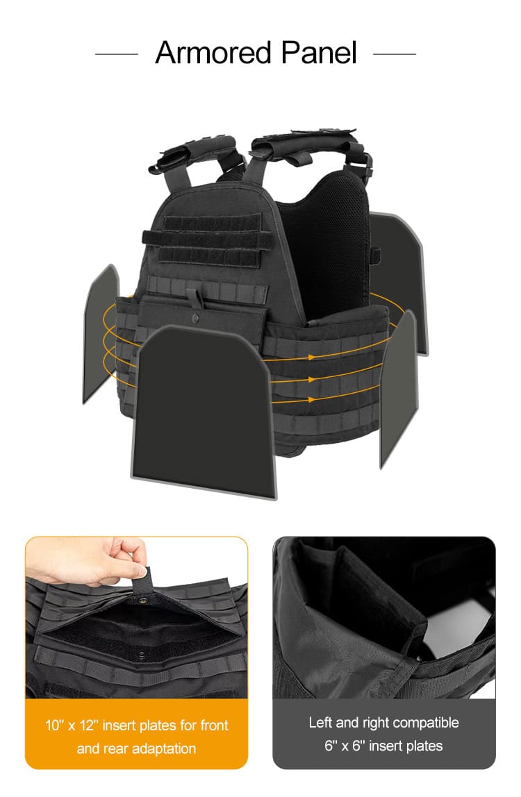Infographic showing the armored panel compatibility of the tactical plate carrier vest for front, rear, and side plates.