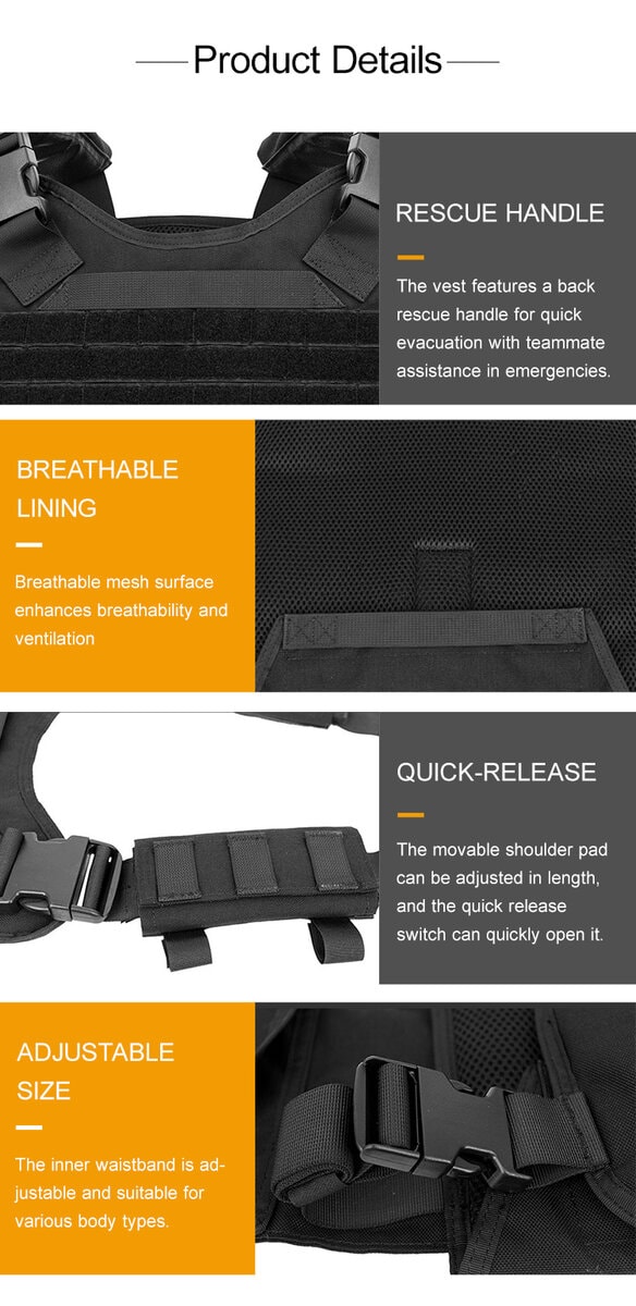Detailed infographic of four plate carrier features: rescue handle, breathable lining, quick-release buckle, and adjustable size.