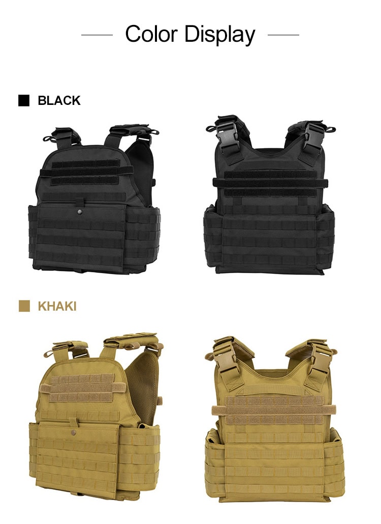 Color display showing the custom tactical plate carrier vest in Black and Khaki.