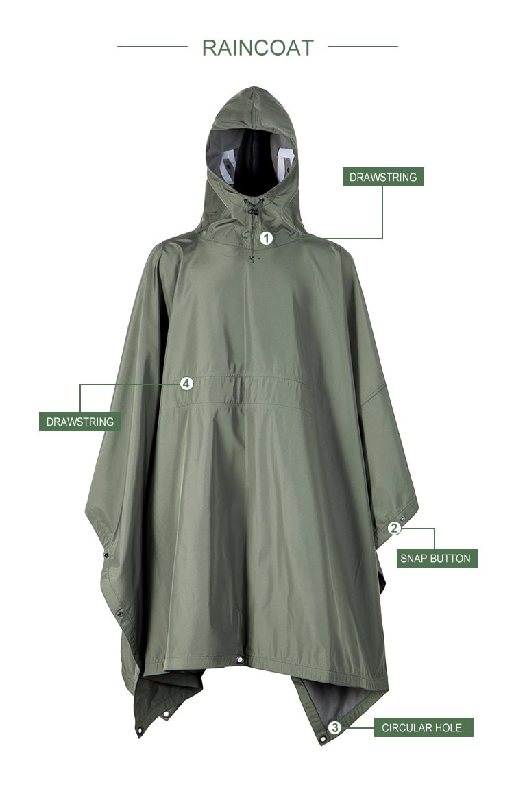 Infographic detailing the features of the custom olive green military rain poncho: hood, drawstring, snap button, and circular hole (grommet).