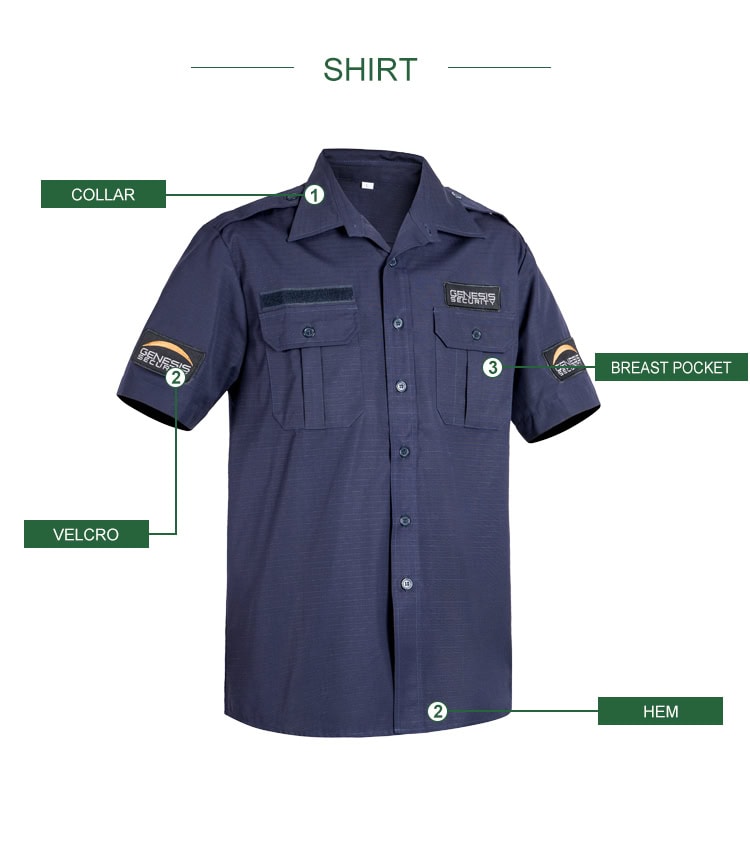 Infographic detailing the features of the custom navy blue ripstop security shirt: collar, velcro, breast pocket, and hem.
