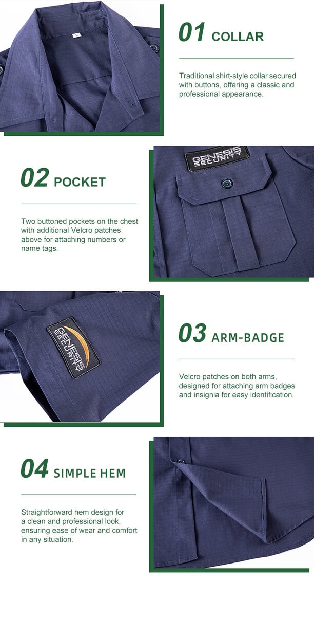 Detailed infographic of four security shirt features: traditional collar, buttoned pocket with velcro, arm badge on velcro, and straight hem.