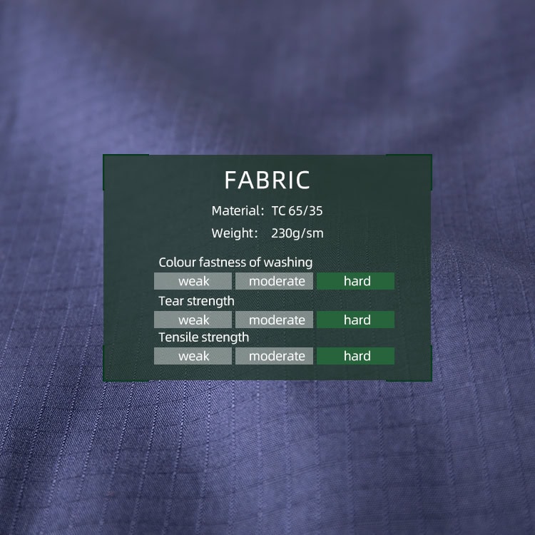 Chart of the durable TC 65/35 rip-stop fabric used for the custom navy blue security shirt, showing hard ratings for strength.