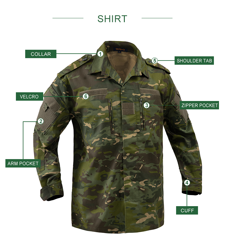 Custom camouflage combat uniform shirt feature overview