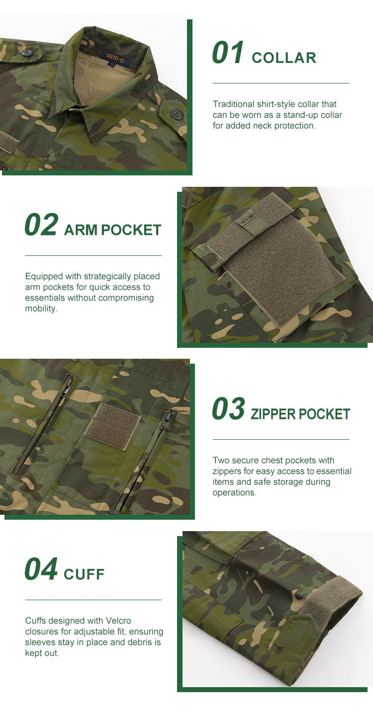 Combat uniform collar arm pocket zipper pocket and cuff details