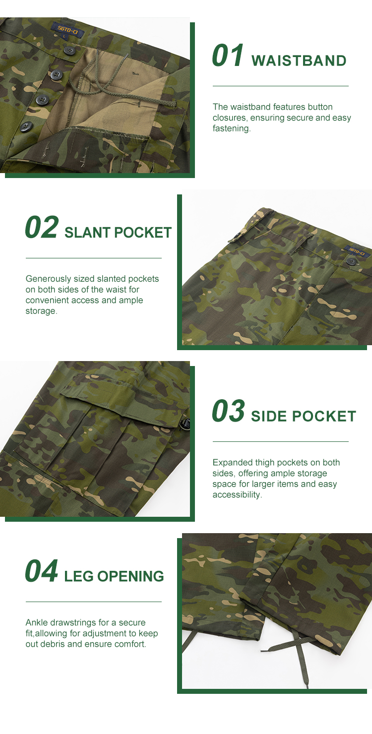 Combat uniform trouser waistband pocket knee pocket and leg opening details