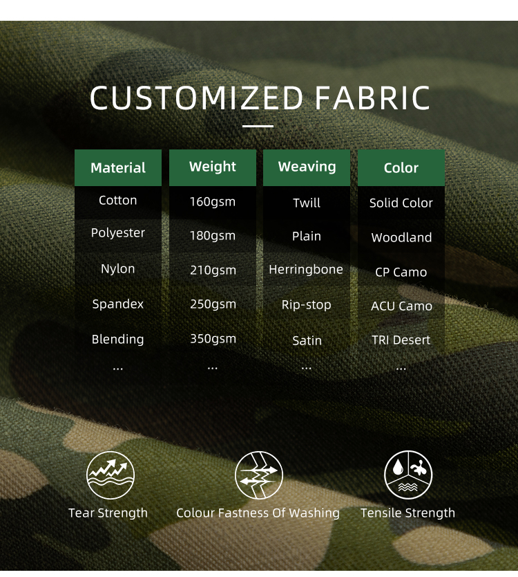 Custom camouflage combat uniform fabric material weight weaving and color options