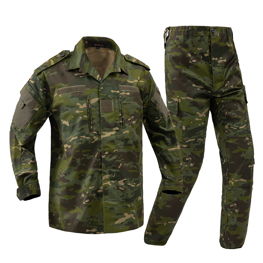Custom camouflage combat uniform shirt and trousers front view