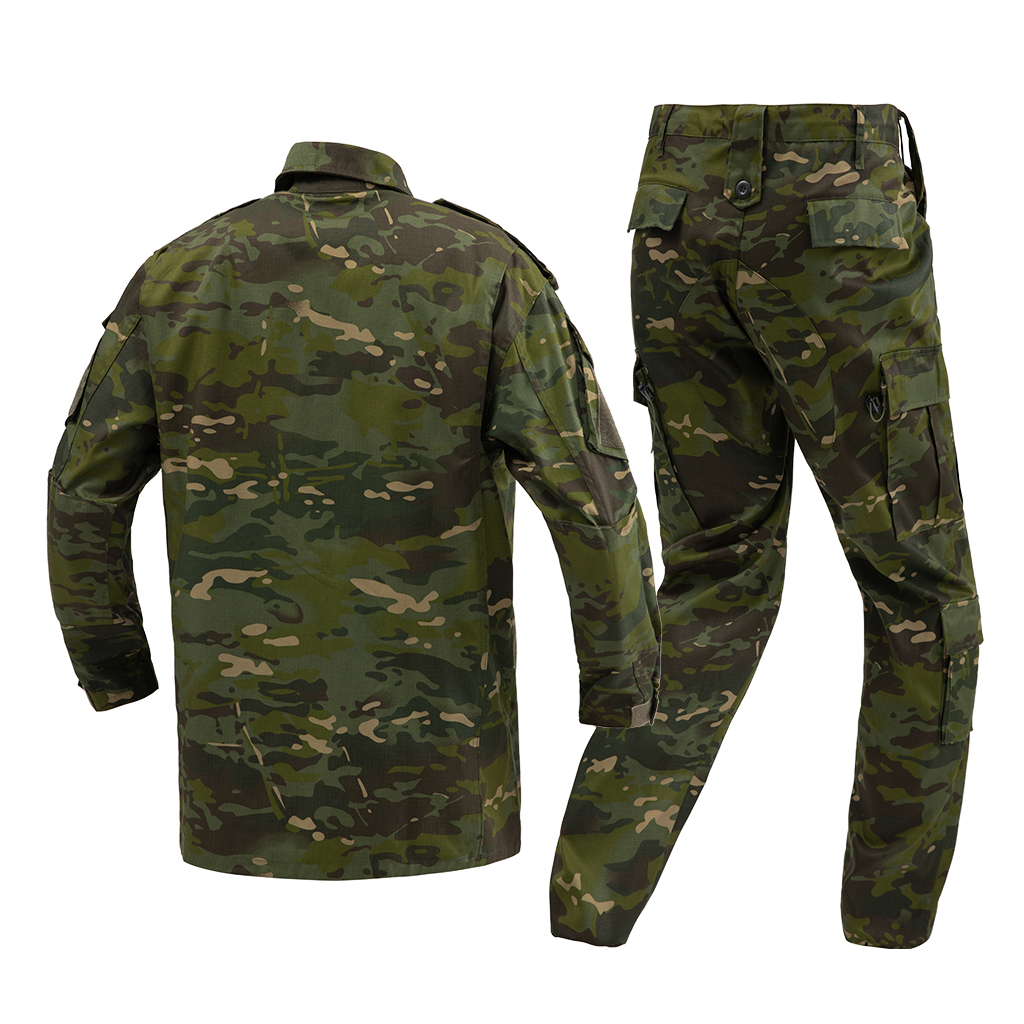 Custom camouflage combat uniform shirt and trousers rear view