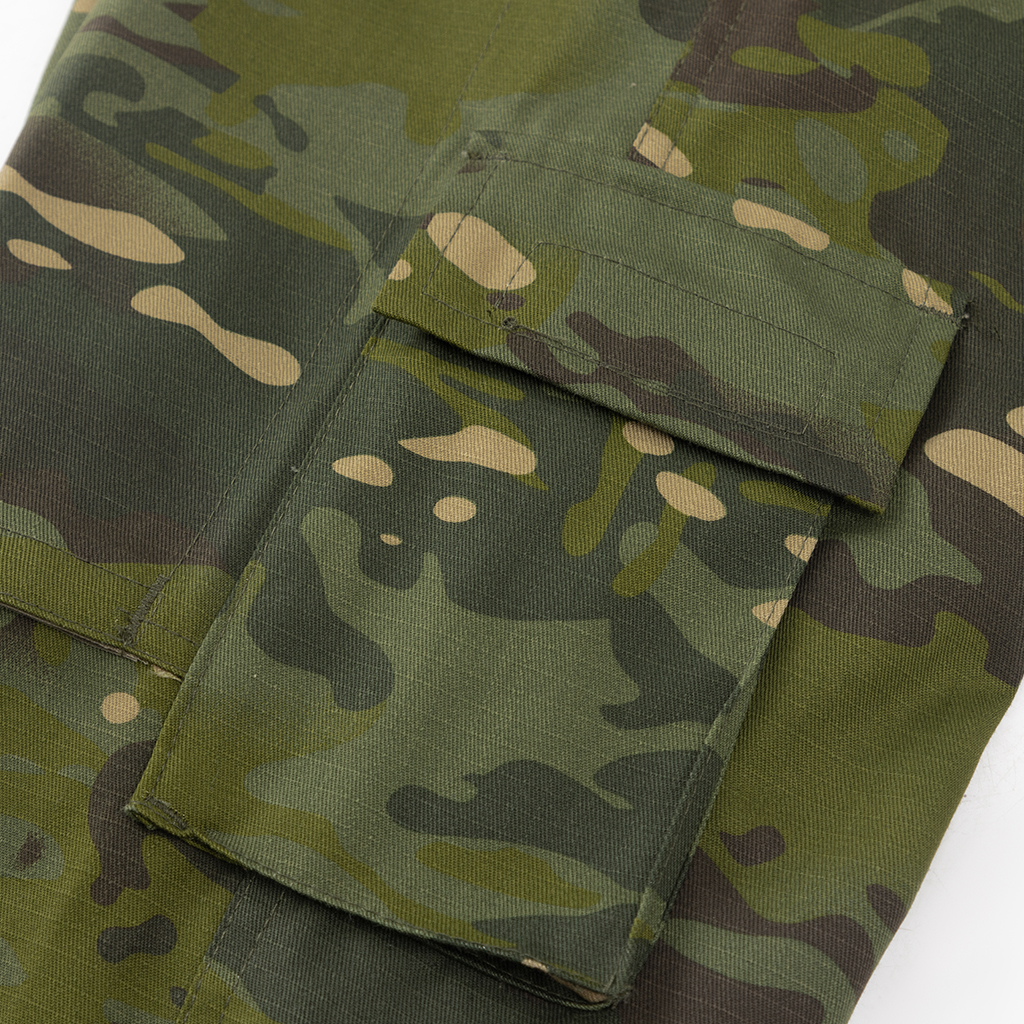 Camouflage tactical trousers cargo pocket detail