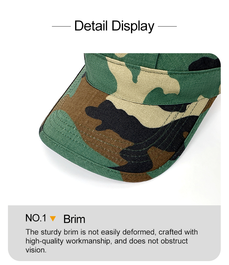 Jungle camouflage fabric and eight-panel cap construction detail