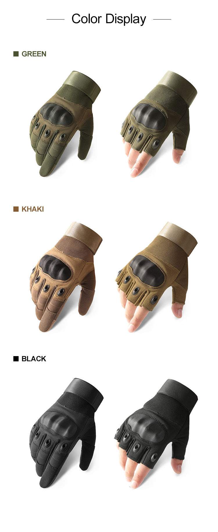 Custom carbon fiber style tactical gloves set color display full finger and half finger green tan and black
