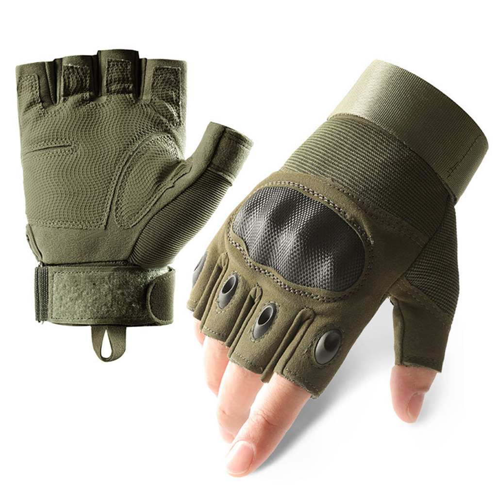 Custom carbon fiber style tactical gloves set olive green half finger front and palm view
