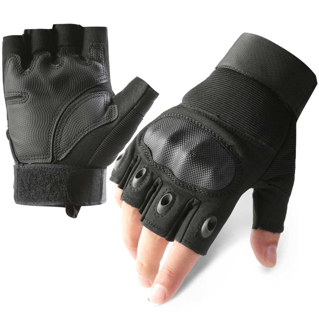 Custom carbon fiber style tactical gloves set black half finger front and palm view