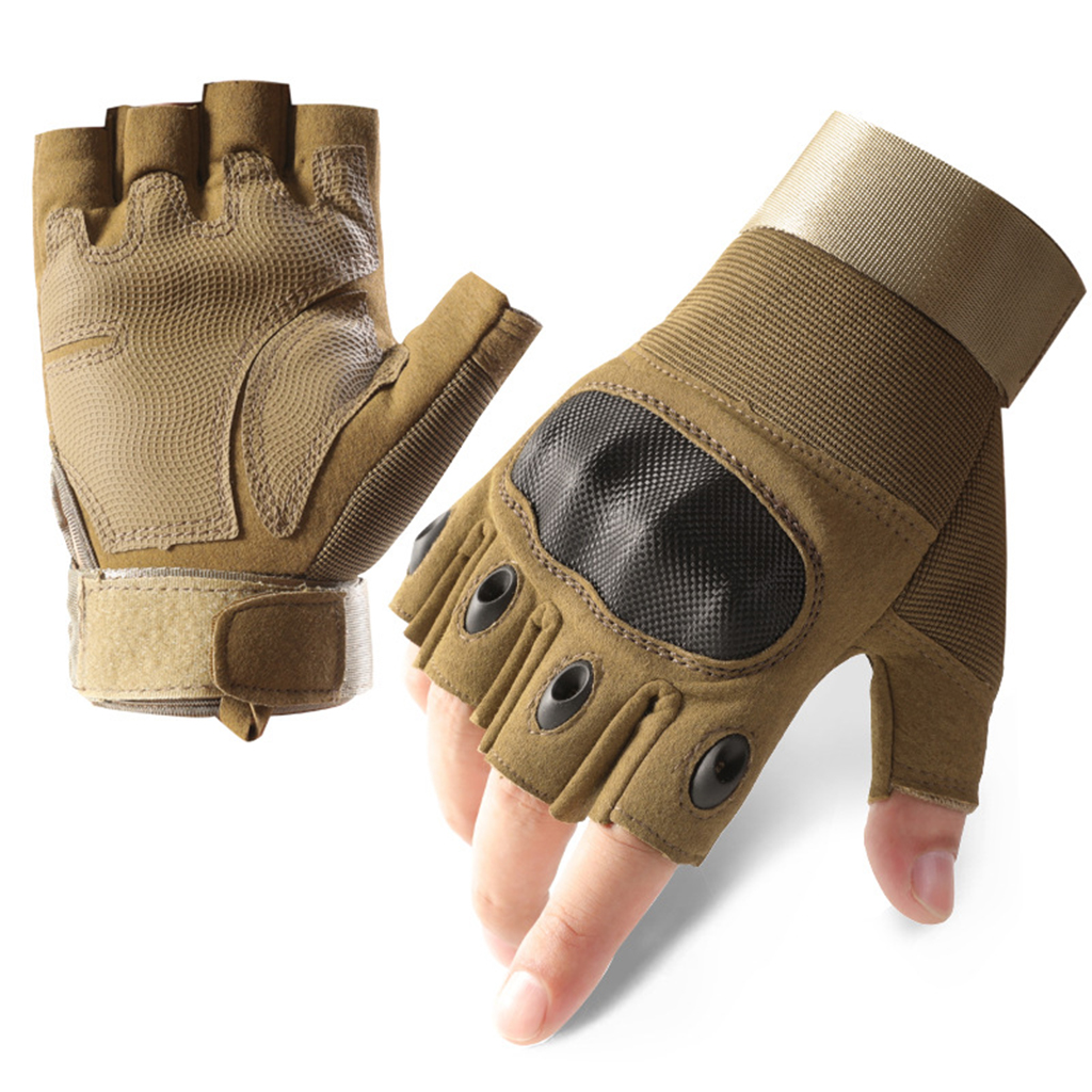 Custom carbon fiber style tactical gloves set tan half finger front and palm view