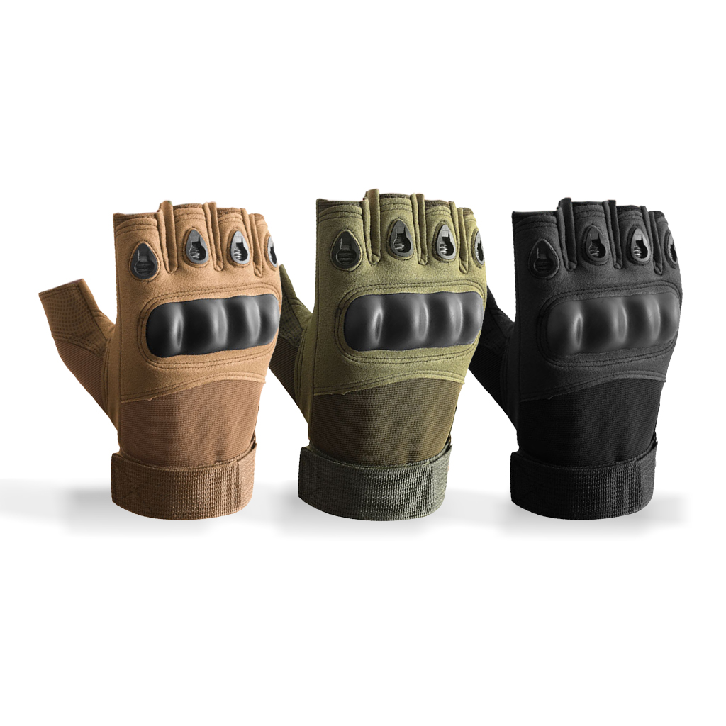 Custom hard knuckle tactical gloves black olive green and tan display