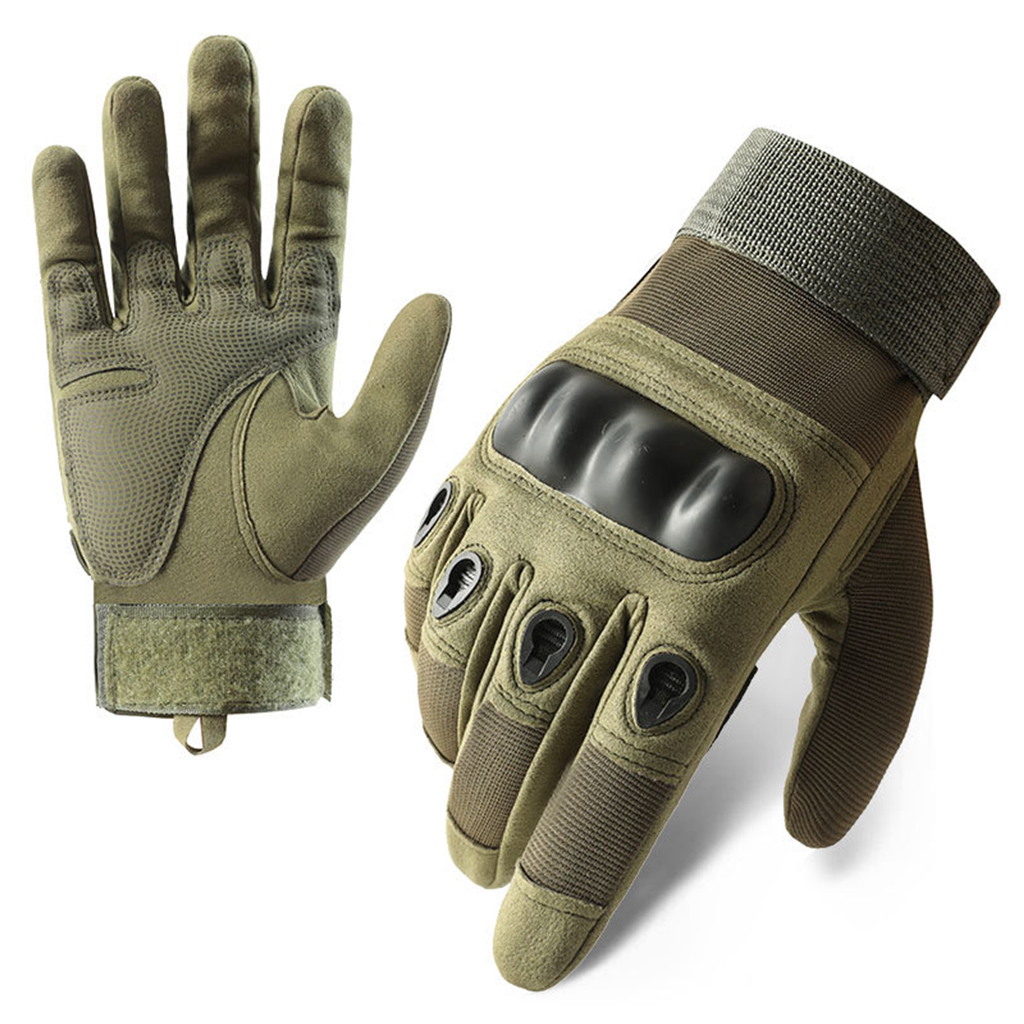 Custom hard knuckle tactical gloves olive green full finger front and palm view