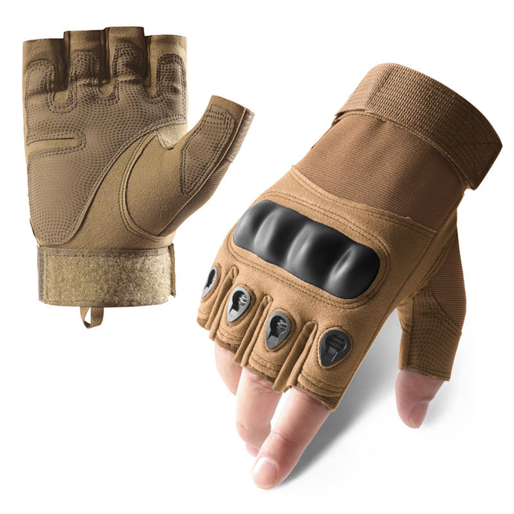 Custom hard knuckle tactical gloves tan half finger front and palm view