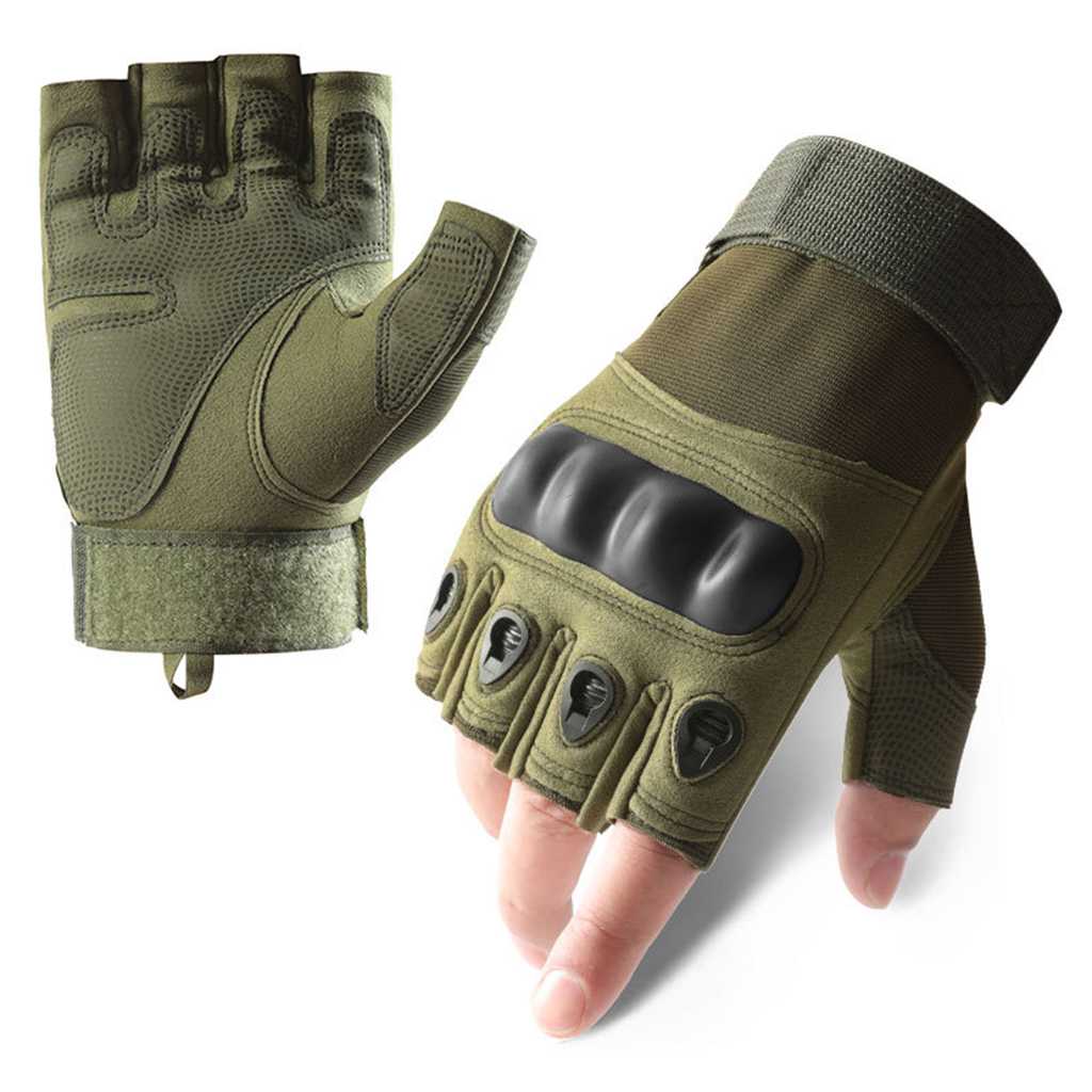 Custom hard knuckle tactical gloves olive green half finger front and palm view