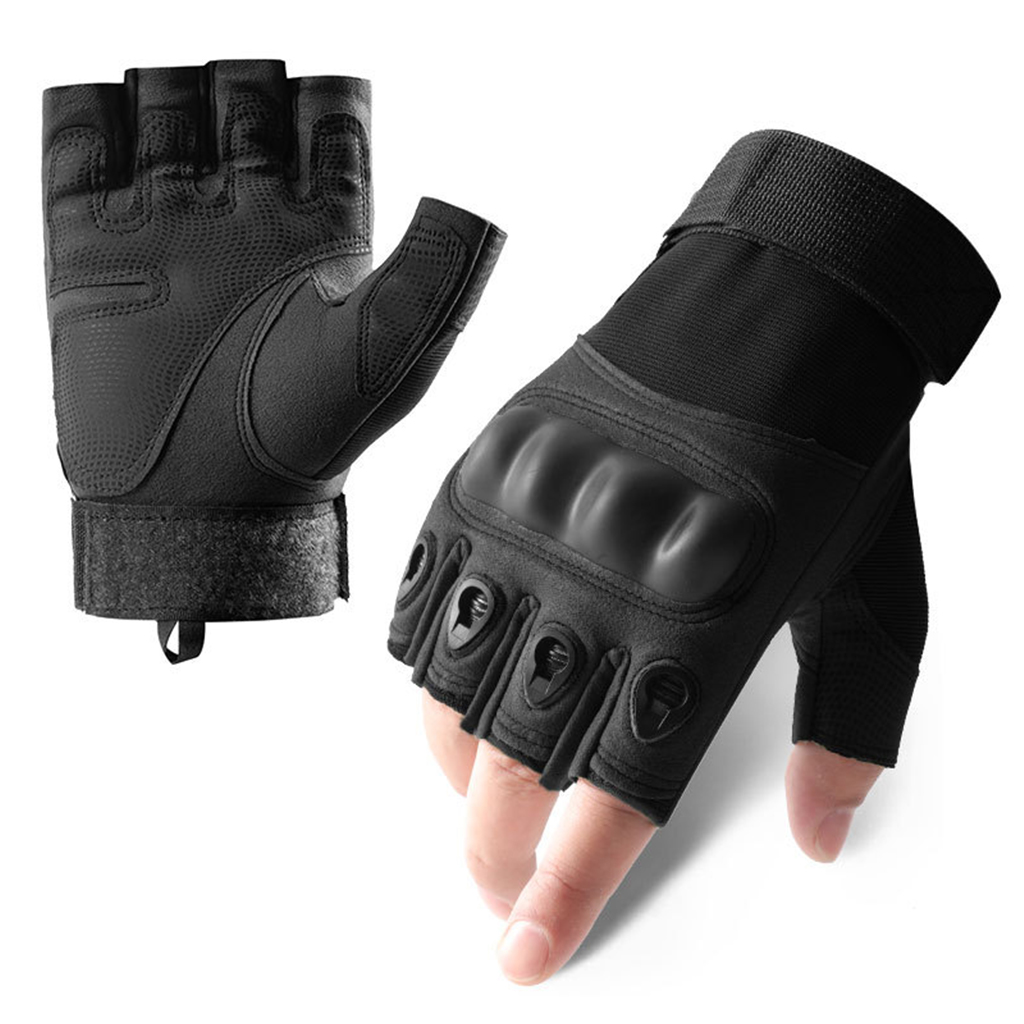 Custom hard knuckle tactical gloves black half finger front and palm view