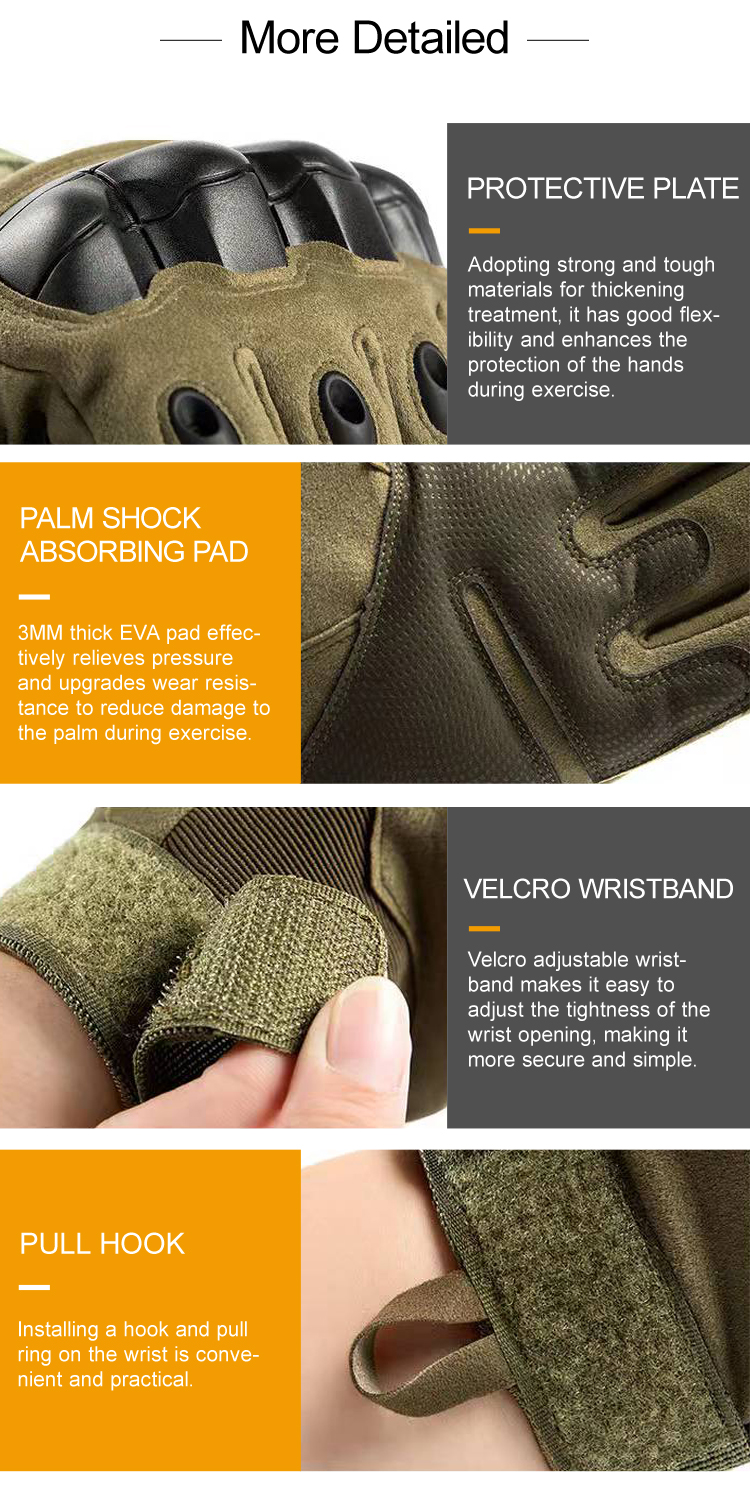 Hard knuckle tactical gloves protective plate palm shock absorbing pad and Velcro wristband details