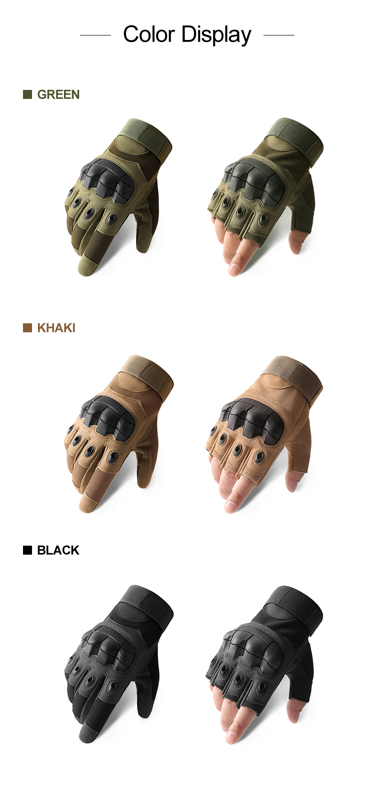 Hard knuckle tactical gloves color display green khaki and black full finger and half finger options