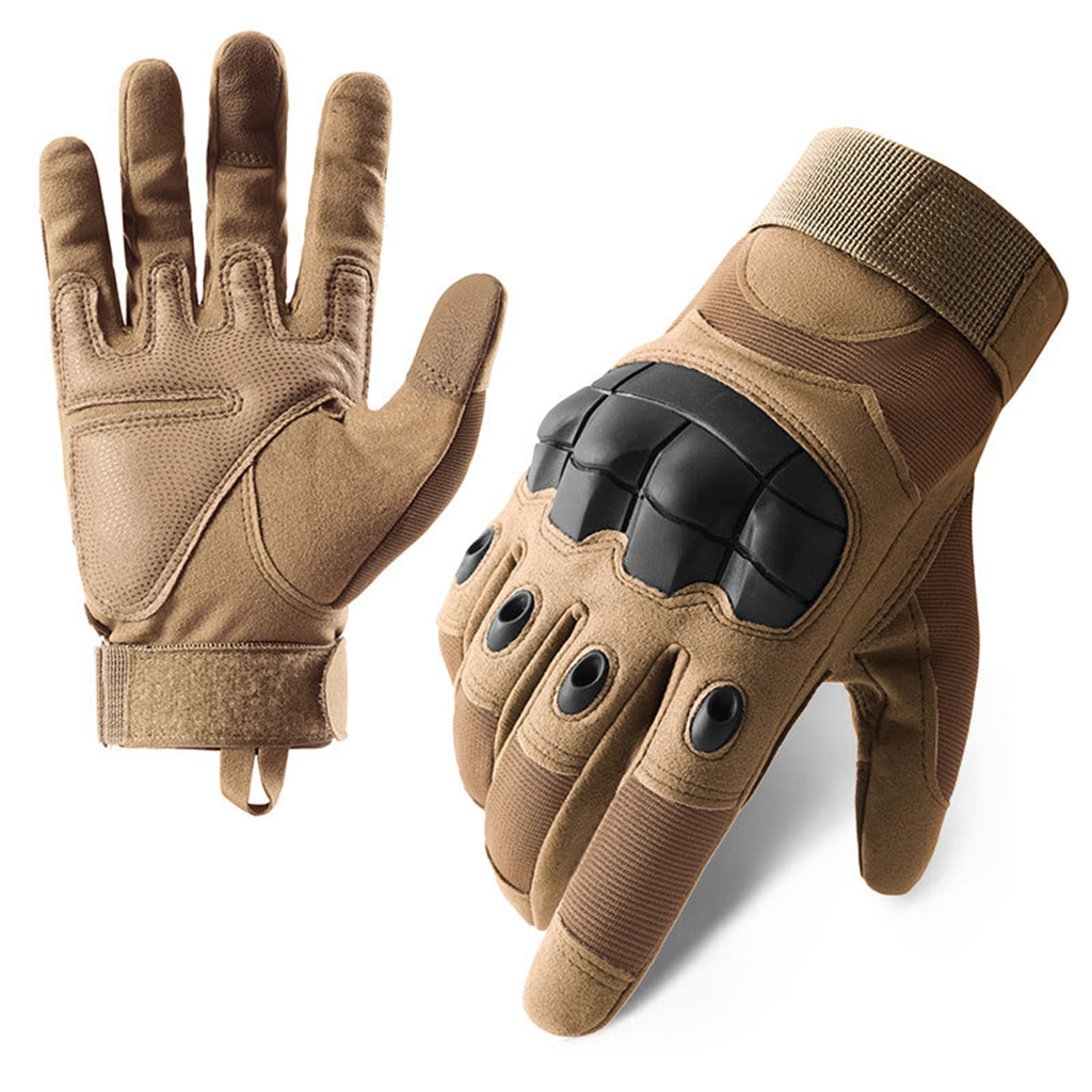 Custom hard knuckle tactical gloves khaki full finger front and palm view