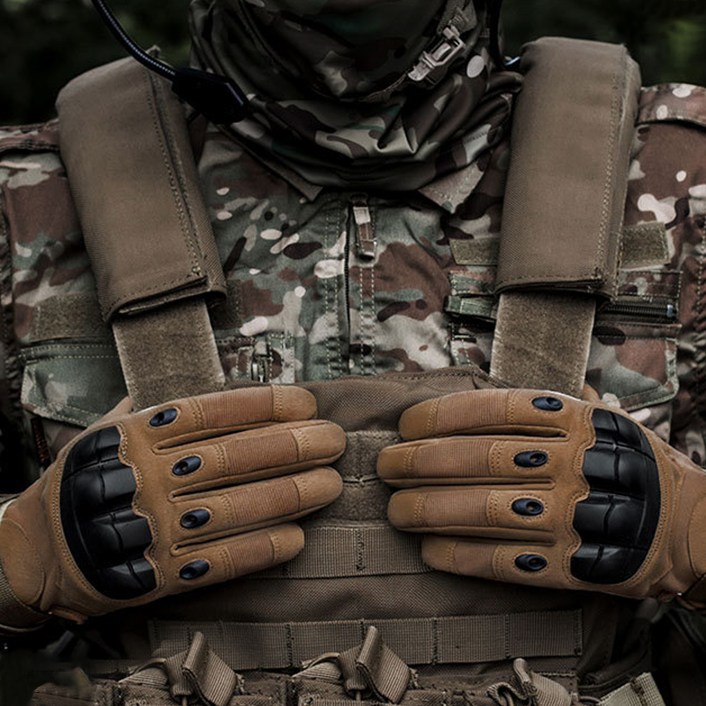 Custom hard knuckle tactical gloves worn outdoor rock grip view