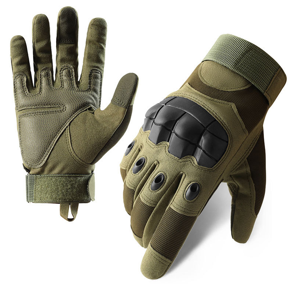 Custom hard knuckle tactical gloves olive green full finger front and palm view