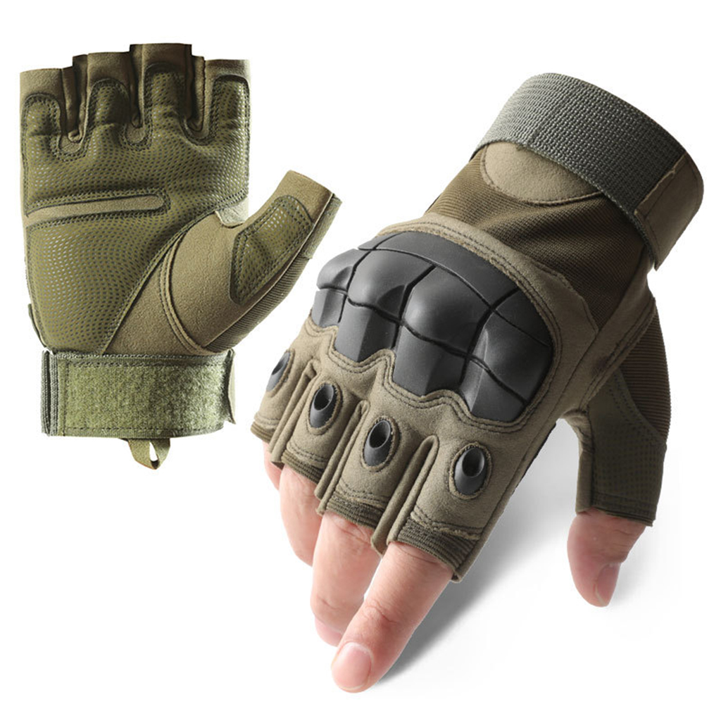Custom hard knuckle tactical gloves olive green half finger front and palm view