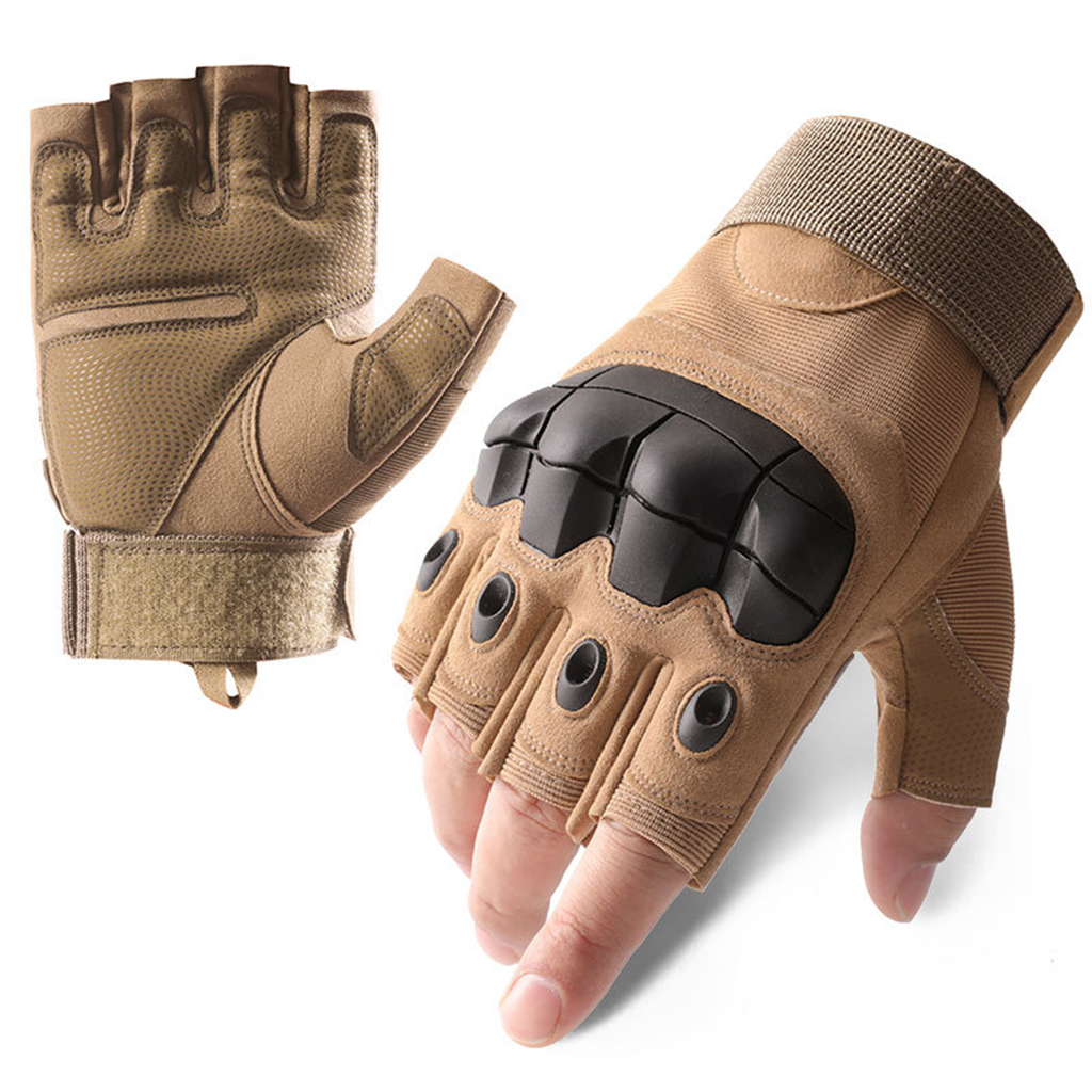Custom hard knuckle tactical gloves khaki half finger front and palm view