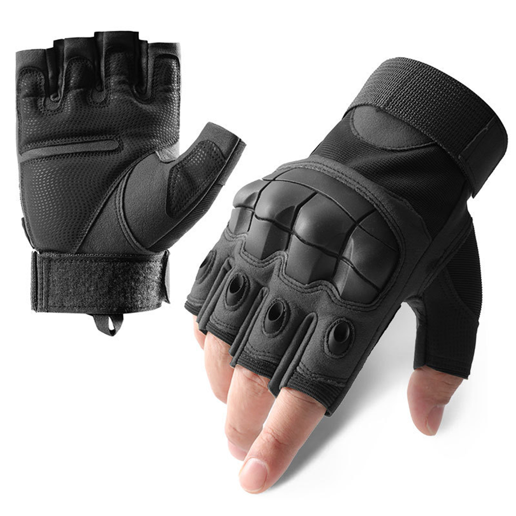 Custom hard knuckle tactical gloves black half finger front and palm view
