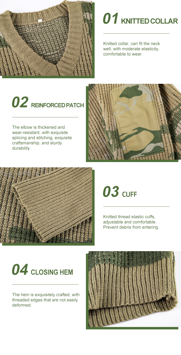 Military camouflage sweater knitted collar reinforced elbow patch cuff and hem details