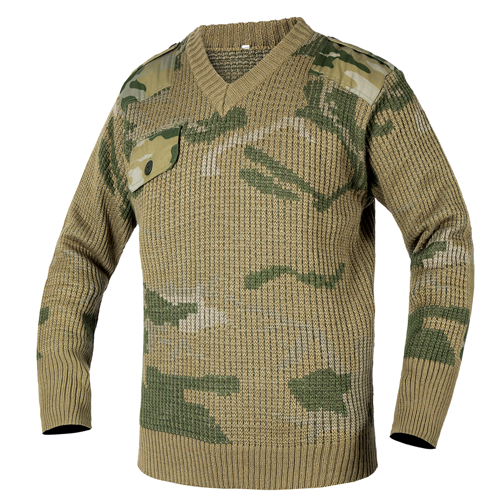 Military camouflage knit sweater angled product view