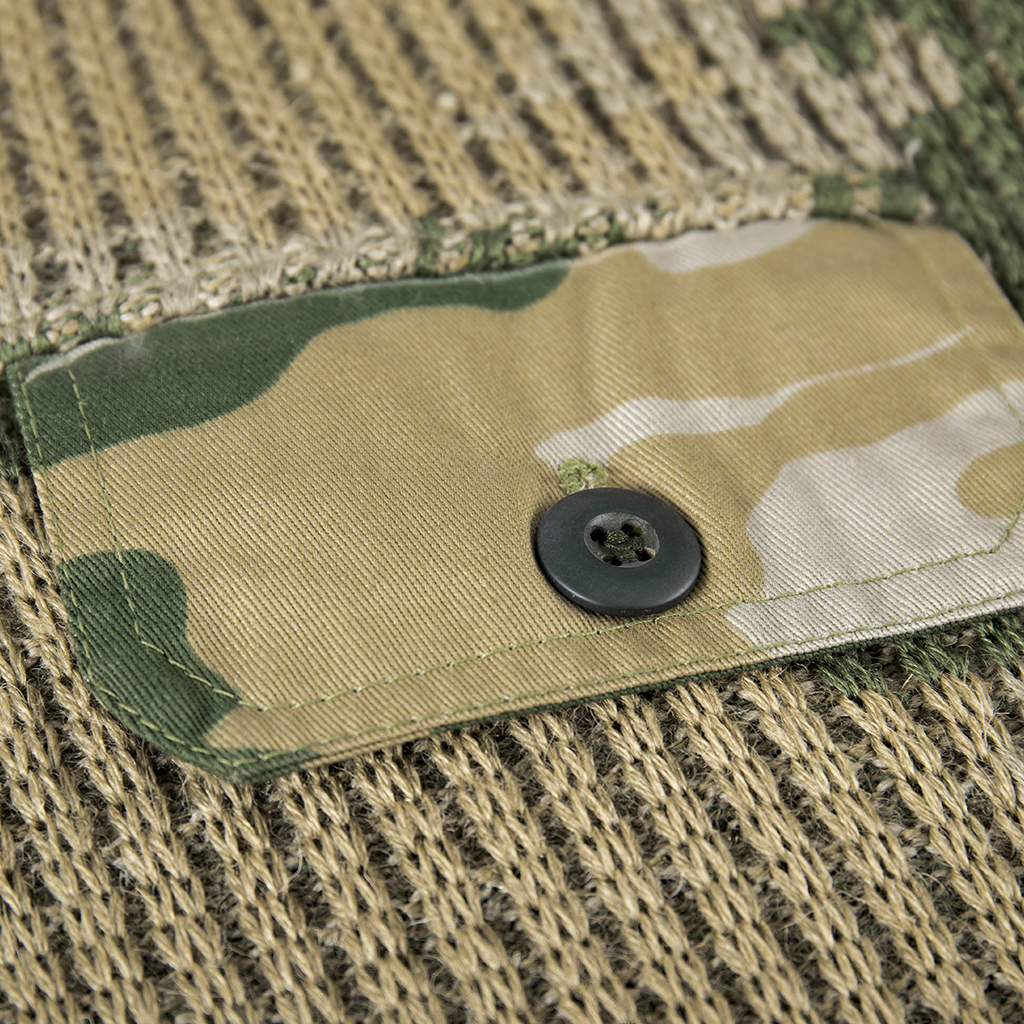 Military camouflage sweater chest pocket and elbow patch detail