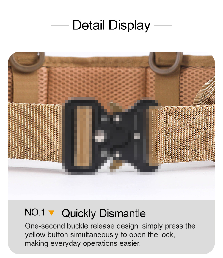 Quick release buckle on padded tactical battle belt