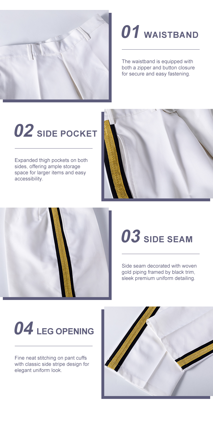 Ceremonial dress trouser waistband pocket side seam and leg opening details