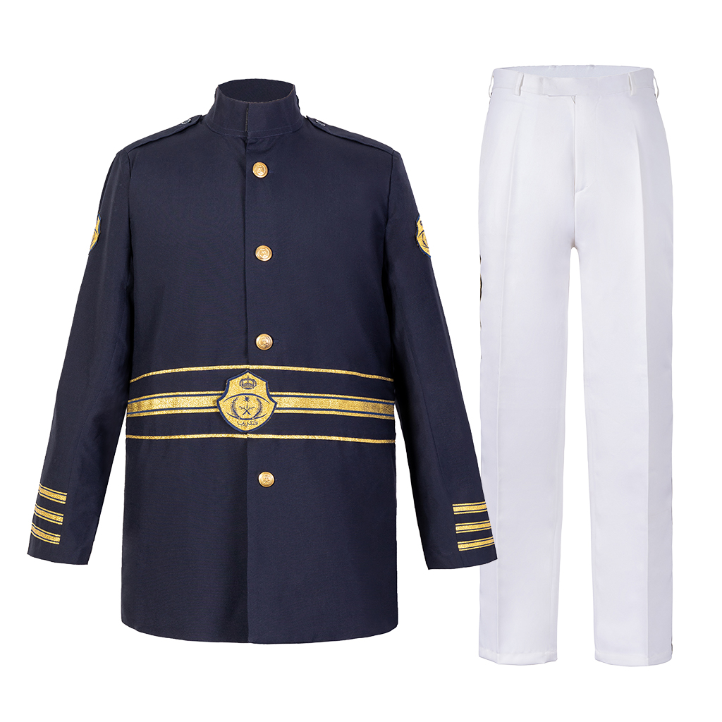 Custom navy ceremonial dress uniform jacket and white trousers front view