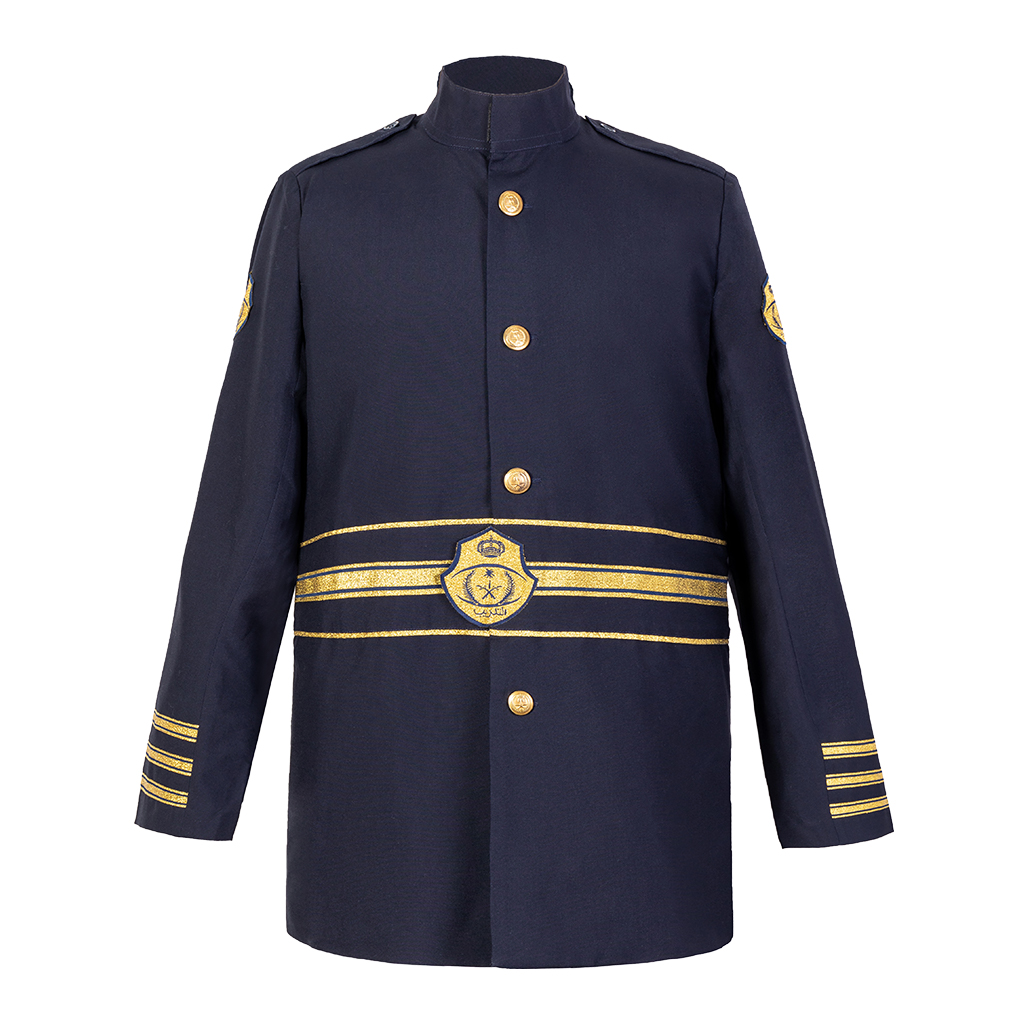 Custom navy ceremonial dress jacket front view with gold trim