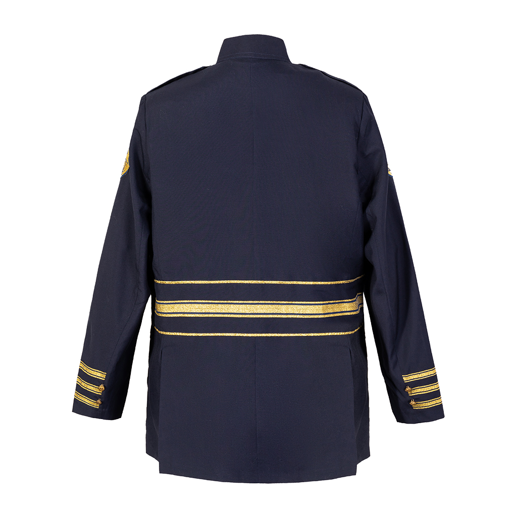 Custom navy ceremonial dress jacket rear view with waist trim