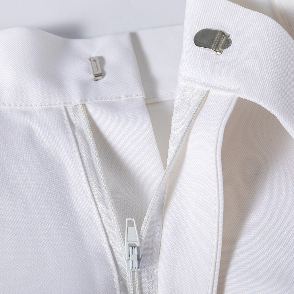 White ceremonial dress trouser waistband and zipper detail