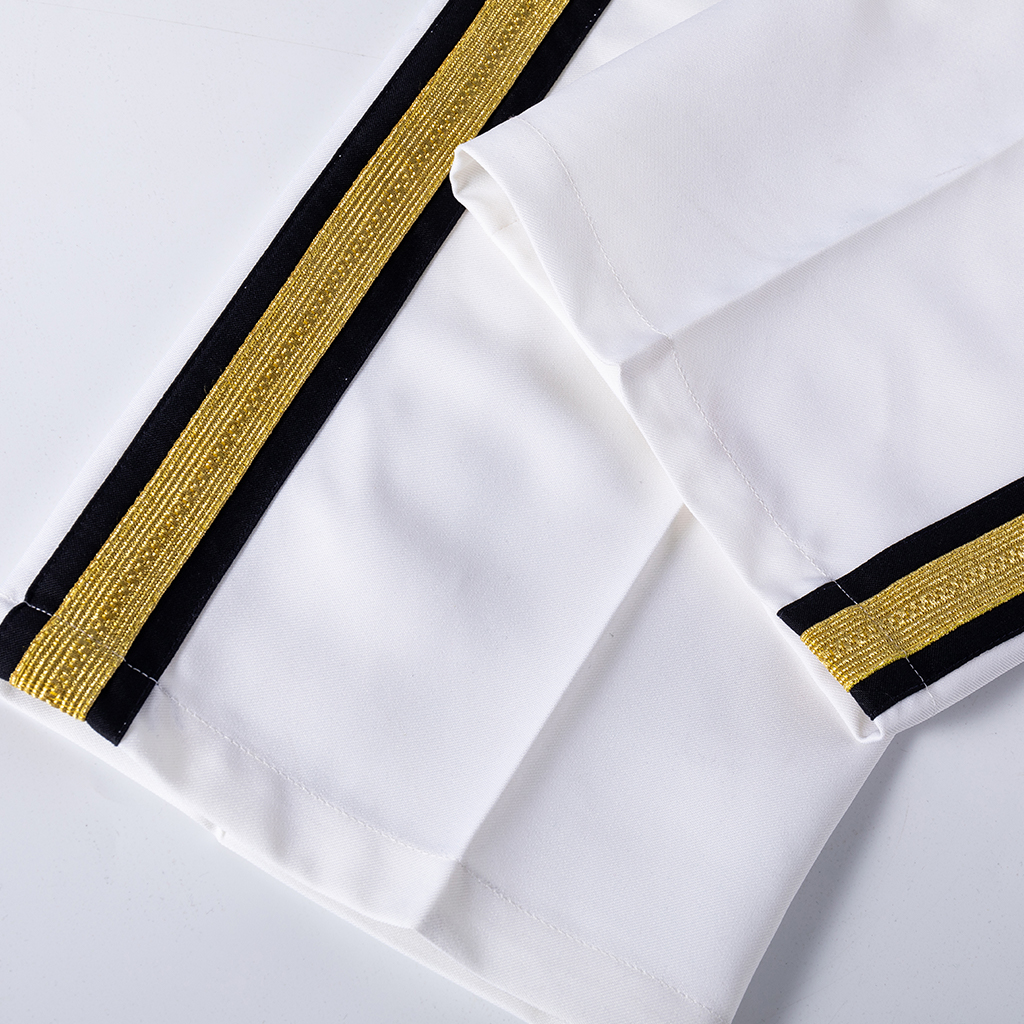 White ceremonial dress trouser gold side stripe and hem detail