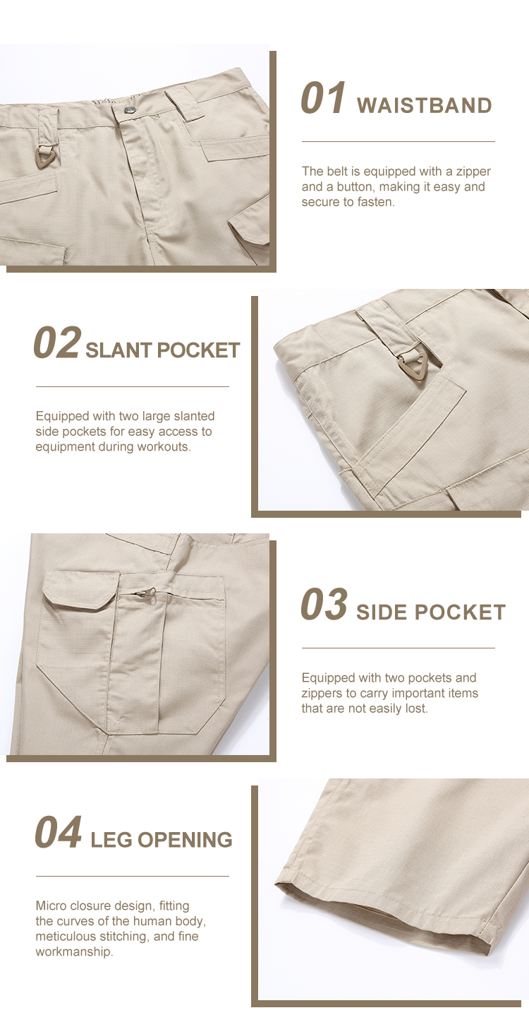Tactical cargo shorts waterproof fabric and size details