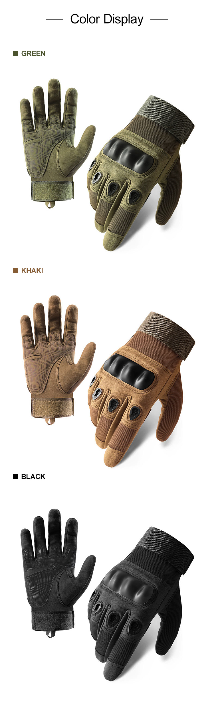 Tactical full finger gloves Type B color options display