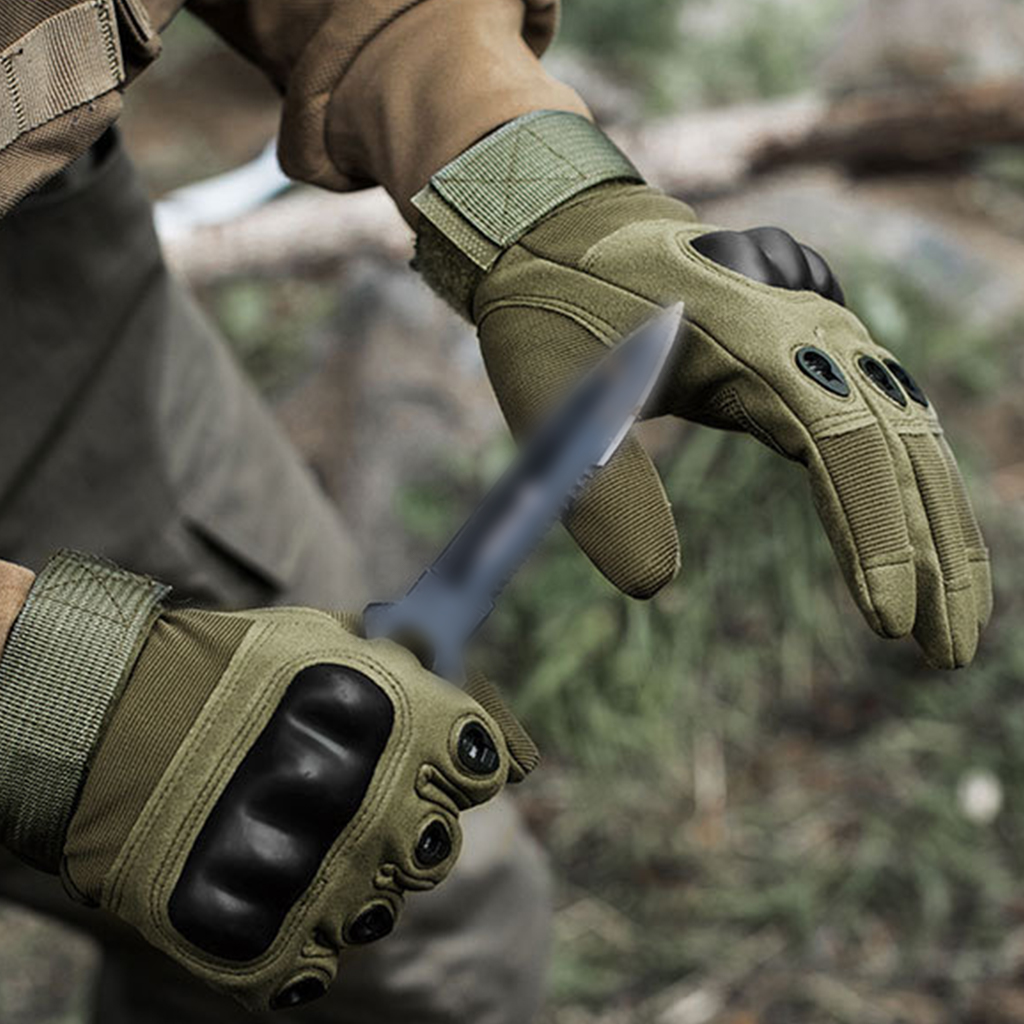 Custom tactical gloves Type B worn on outdoor rock surface