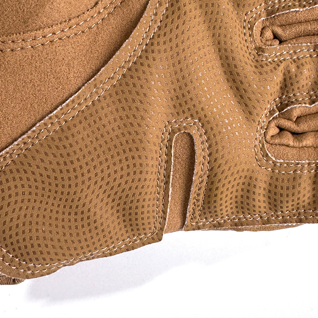 Custom half finger gloves side profile and stitching detail