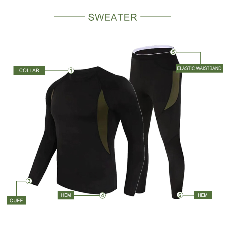Custom tactical thermal underwear set collar cuff hem and waistband overview