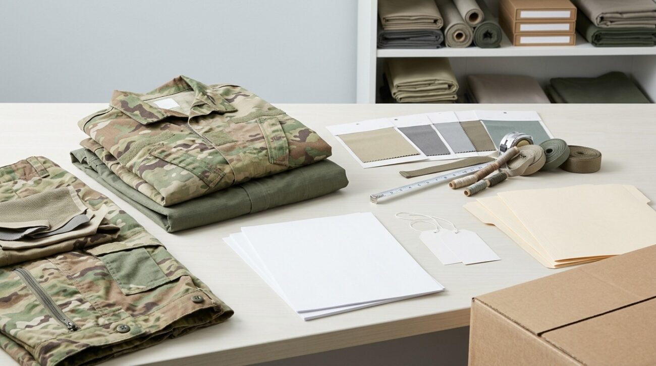 Military uniform procurement planning desk with fabrics and RFQ checklist