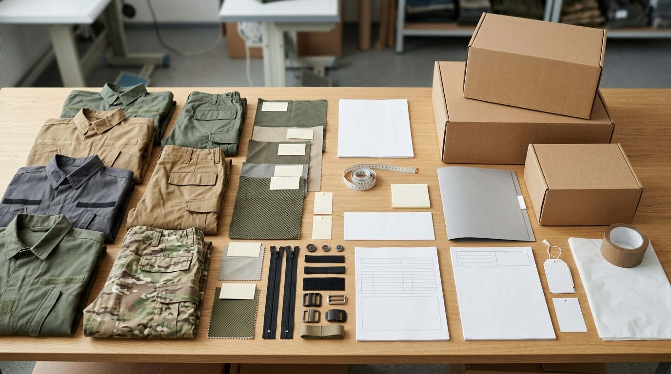 Military uniform RFQ checklist with garments fabric swatches and field gear